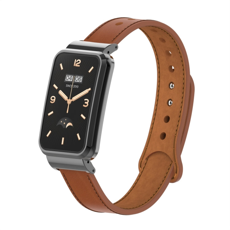 Brown leather watch band with double stud metal frame and silver watch case