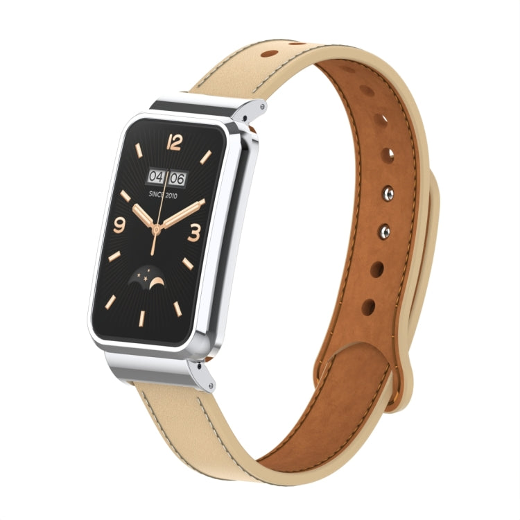Beige leather watch band with double stud metal frame and silver watch case