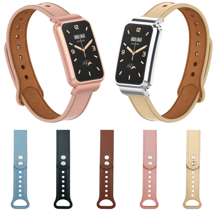 Leather watch band color options with double stud metal frames (pink, blue, brown, beige)