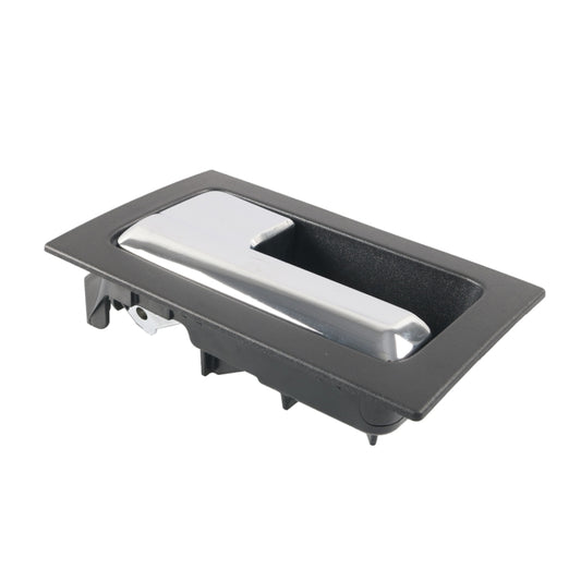 Left front interior door handle, chrome lever in black frame, side view