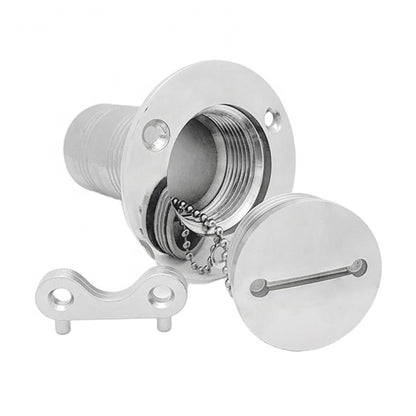 Stainless steel yacht fuel filler with threaded inlet and hinged locking cap, chain included