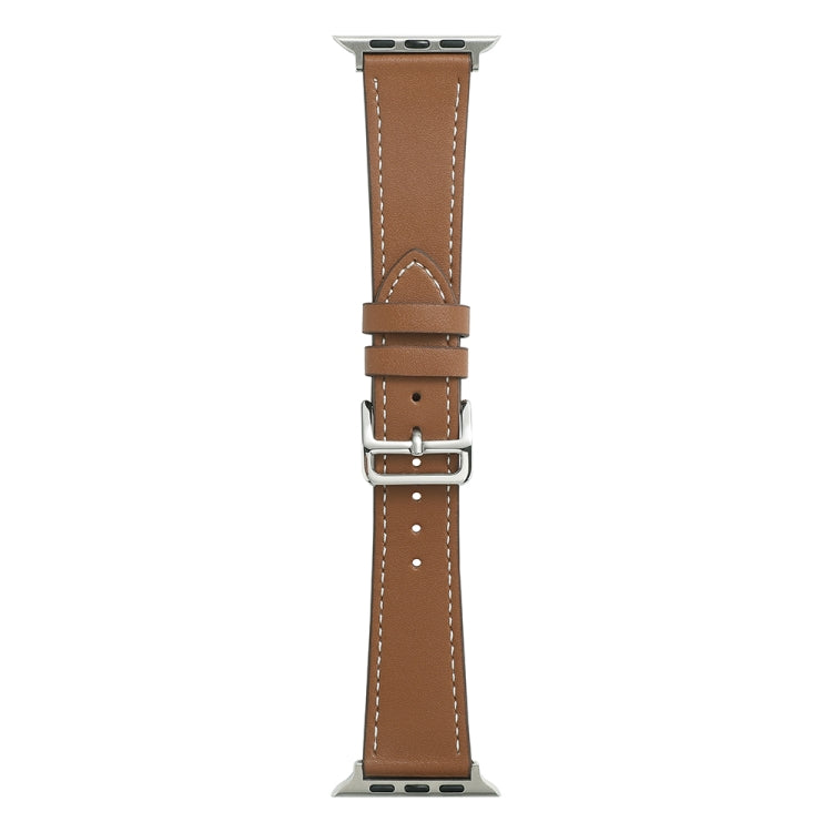 Tan watch band with metal buckle and stitched holes, single loop style.