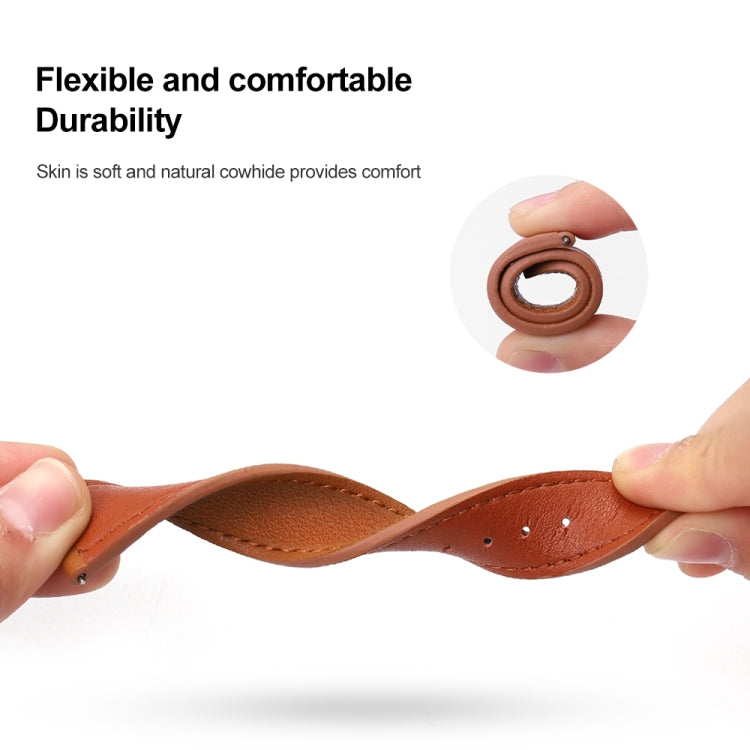 Brown microfiber leather watch band with flexible single-lap twist and stitched detailing