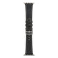 Black single-lap microfiber leather watch band with silver metal buckle and adjustment holes