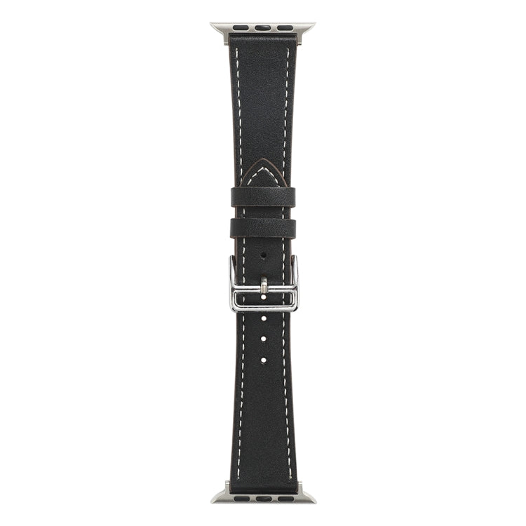 Black single-lap microfiber leather watch band with silver metal buckle and adjustment holes
