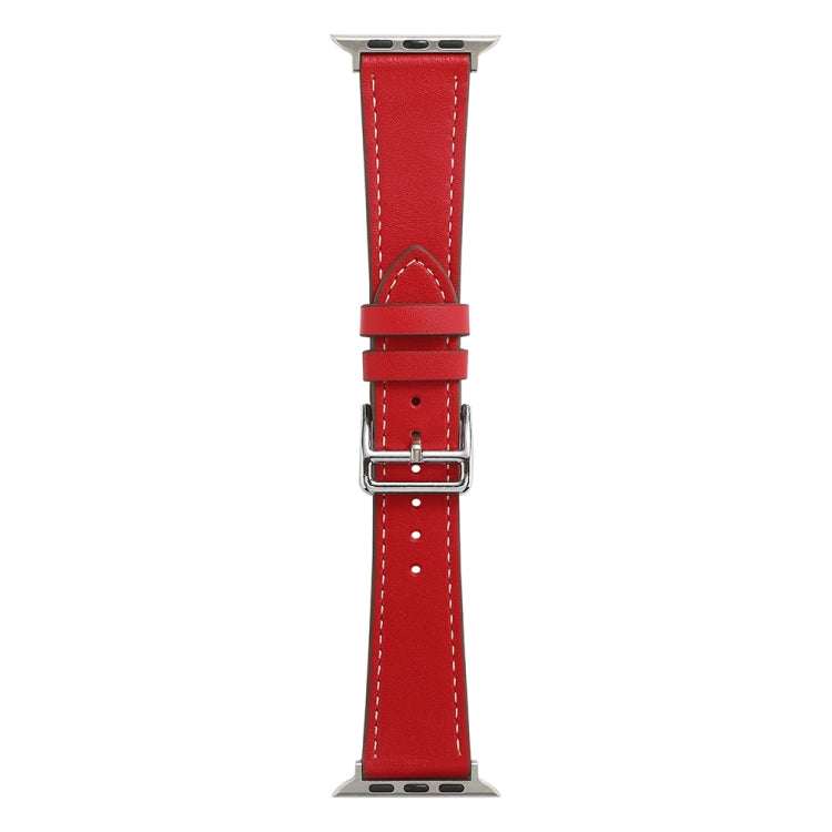 Red single-lap watch band with silver buckle and adjustable pin holes