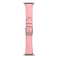 Light pink microfiber leather single-lap watch band with silver buckle and stitched holes