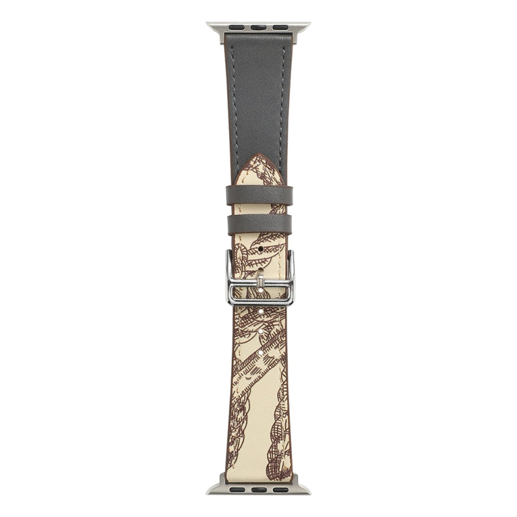 Dark gray single loop watch band with silver buckle and patterned lining.