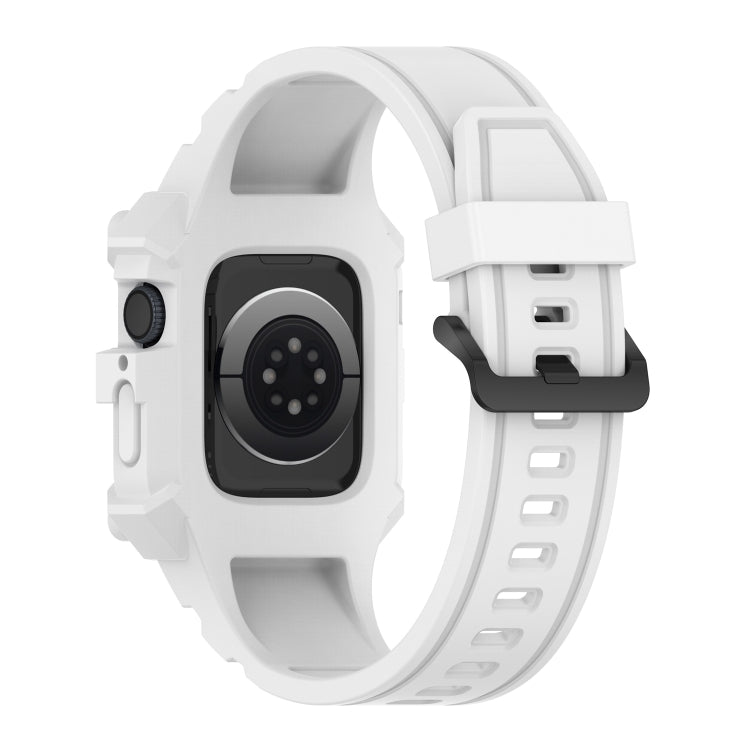 White integrated silicone watch band for Apple Watch, side view with strap holes.