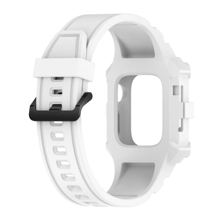 White integrated silicone watch band for Apple Watch with buckle and link segments.