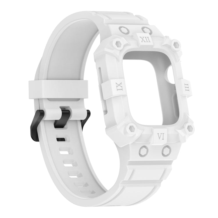 White integrated silicone watch band for Apple Watch, angled view of strap and case.