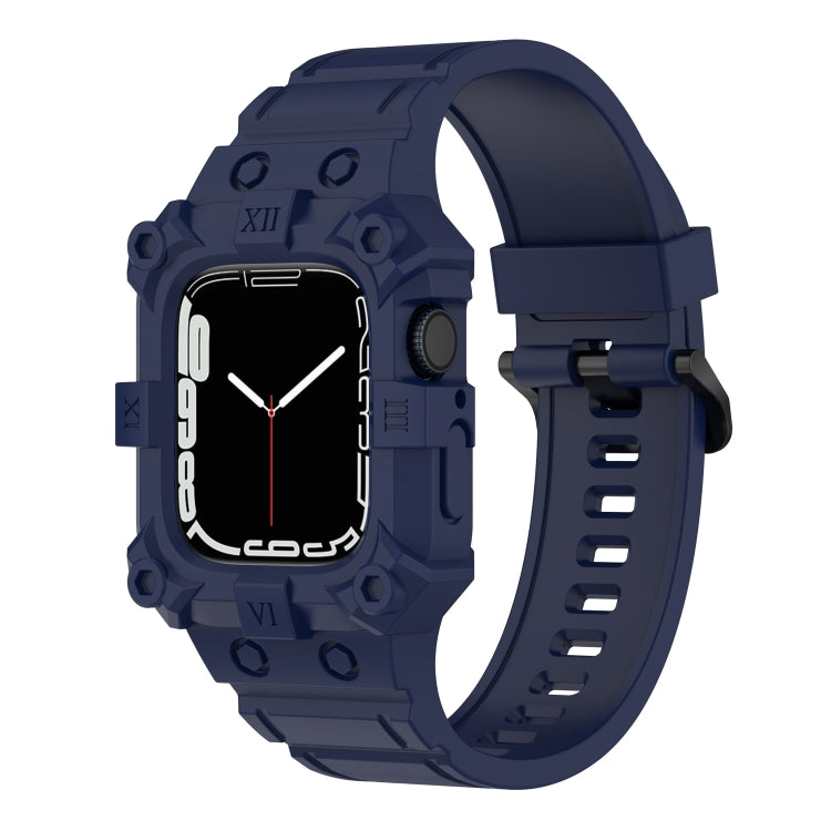 Navy blue integrated silicone watch band for Apple Watch with perforated strap and clasp.