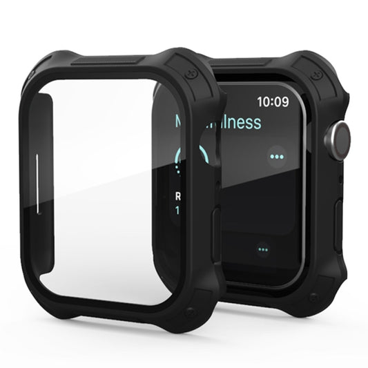 Black 2-in-1 Apple Watch case with tempered glass screen protector, frosted film