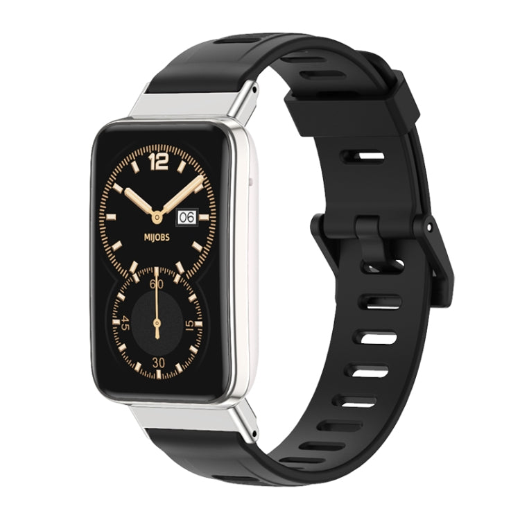 TPU watch band with perforated holes and silver-toned case, black buckle