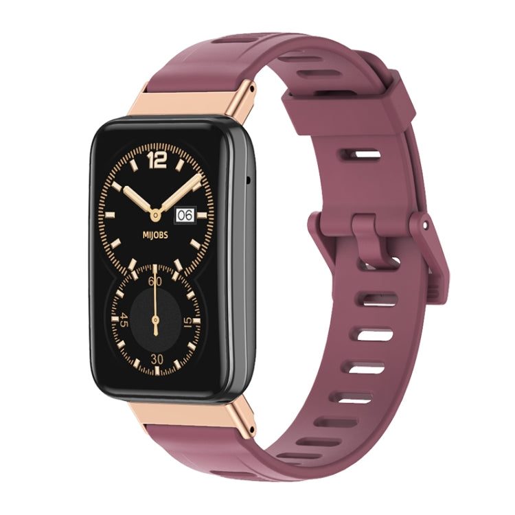 TPU watch band with perforated holes, rose-gold accents, and maroon/purple strap