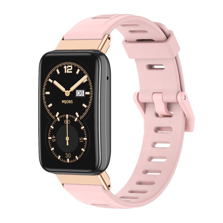 TPU watch band with perforated holes and rose-gold accents, pink strap