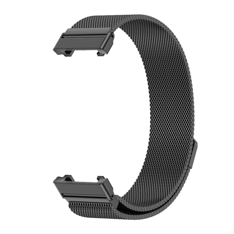 Magnetic stainless steel watch band with dark metal clasp and woven mesh strap ends