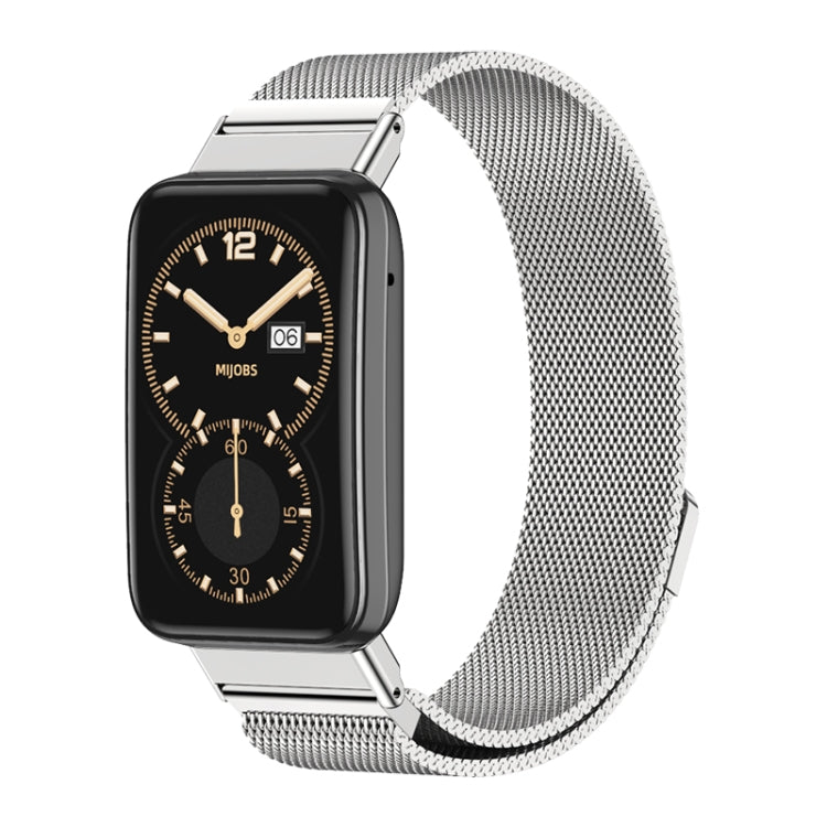Magnetic stainless steel watch band with silver woven mesh strap and metal clasp, with watch