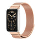 Magnetic stainless steel watch band with rose gold woven mesh strap and metal clasp, with watch
