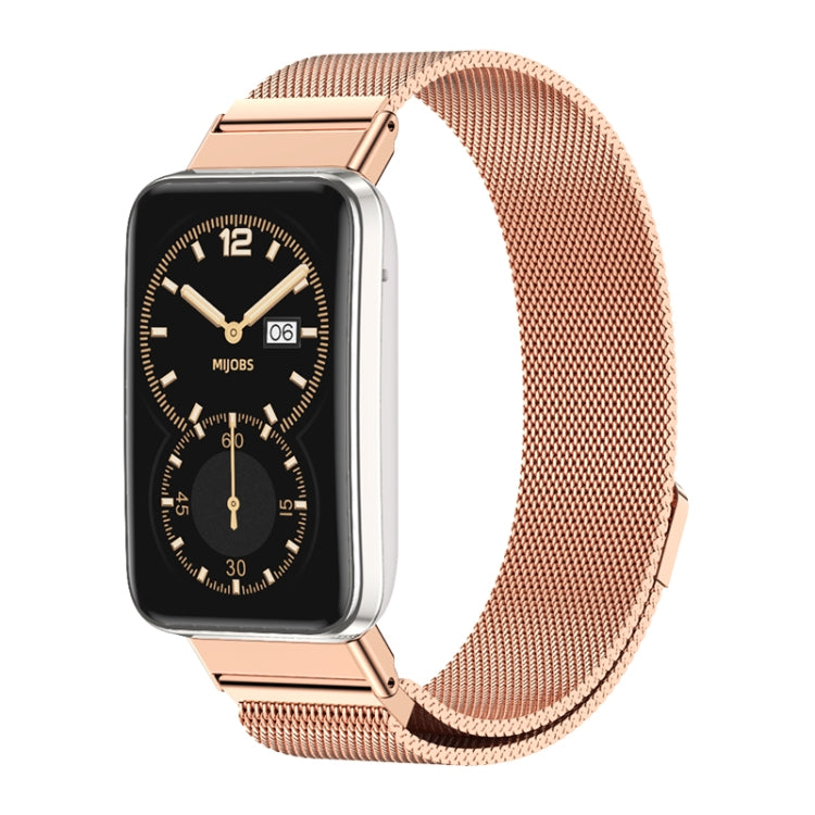 Magnetic stainless steel watch band with rose gold woven mesh strap and metal clasp, with watch
