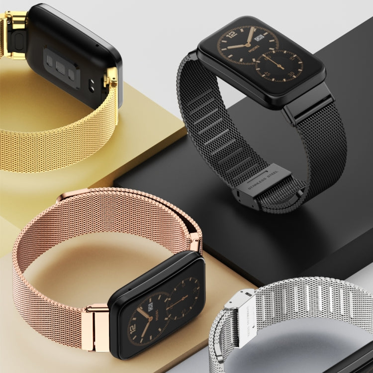 Mesh stainless steel watch band with magnetic clasp shown in multiple colors: black, gold, rose