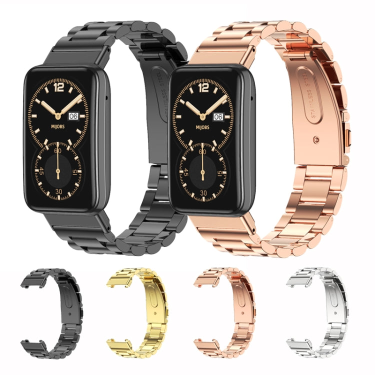 Three-bead metal watch bands in black, gold, rose gold, and silver colors