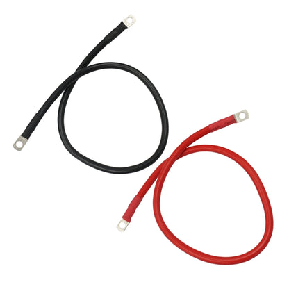 Red and black battery inverter cable set with ring terminals, copper-colored wire strands
