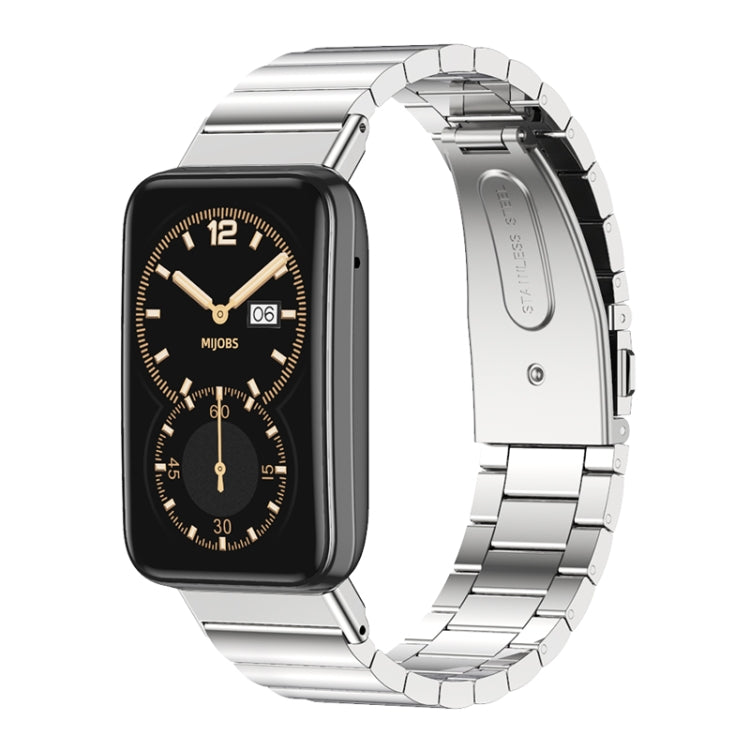 Silver metal watch band with linked bracelet and clasp-style connector for a smartwatch.