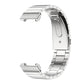 Silver metal watch band with linked strap and clasp-style connector for a smartwatch.