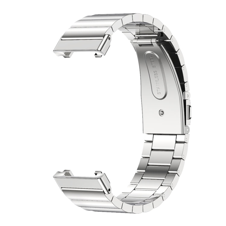 Silver metal watch band with linked strap and clasp-style connector for a smartwatch.