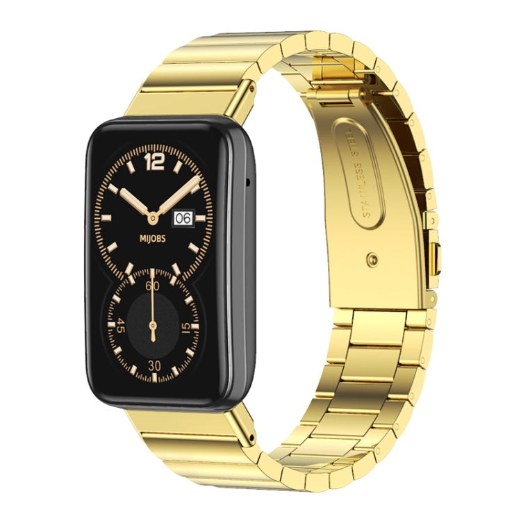 Gold metal watch band with linked bracelet links and end connector for a smartwatch.