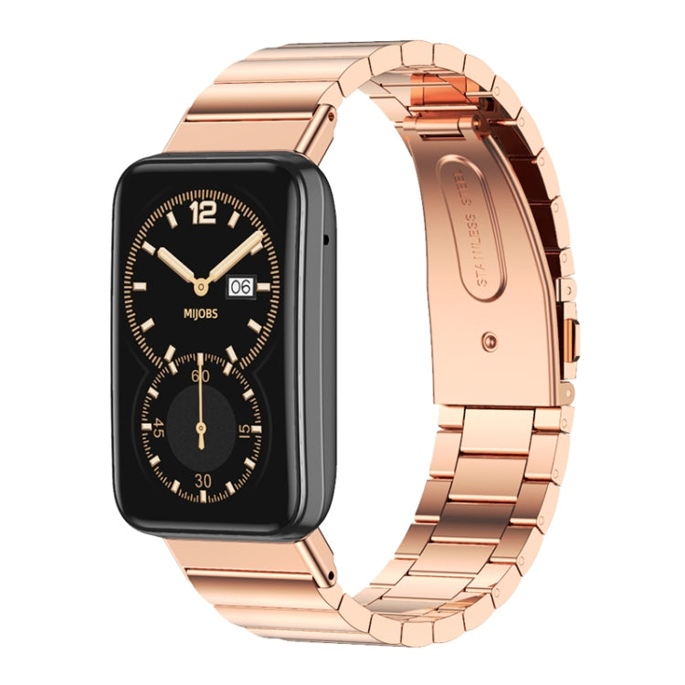 Rose gold metal watch band with linked bracelet links and smartwatch end connector.