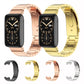 Set of metal smartwatch watch bands in rose gold, gold, and silver with linked straps.