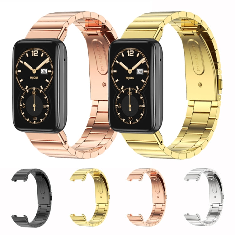 Set of metal smartwatch watch bands in rose gold, gold, and silver with linked straps.