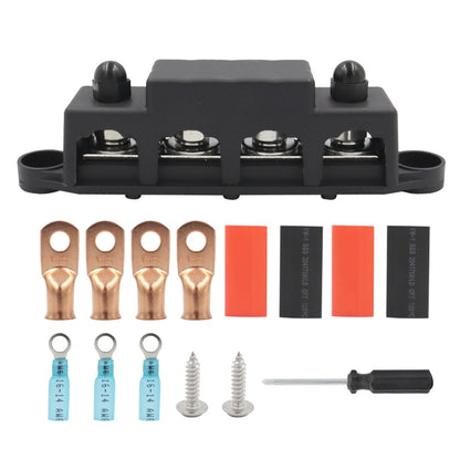 Black 4-port power distribution terminal block kit with copper lugs and mounting accessories