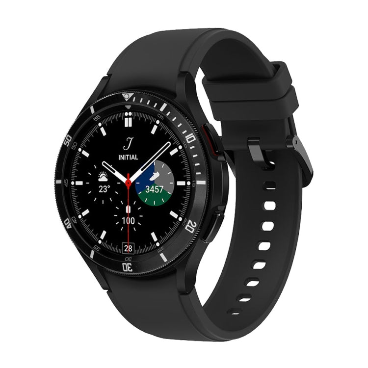 Black stainless steel bezel ring fitted around a smartwatch dial with minute markers