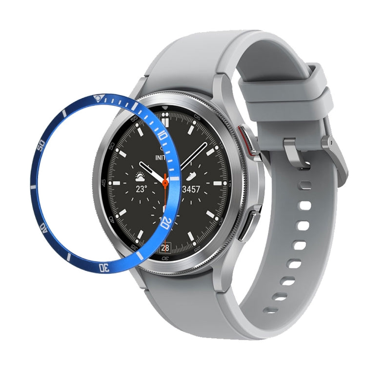 Silver stainless steel bezel ring with blue outer ring and minute markers on smartwatch