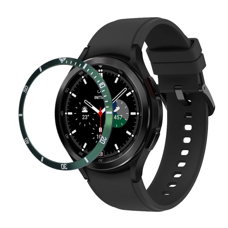 Stainless steel bezel ring with dark green outer ring and minute markers on smartwatch