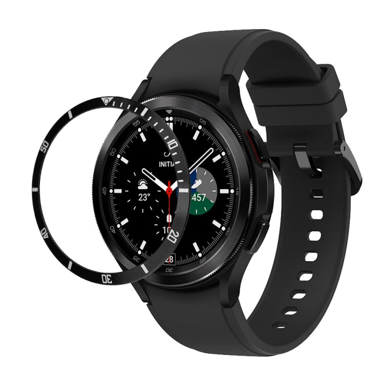 Black stainless steel bezel ring accessory shown with a matching smartwatch strap