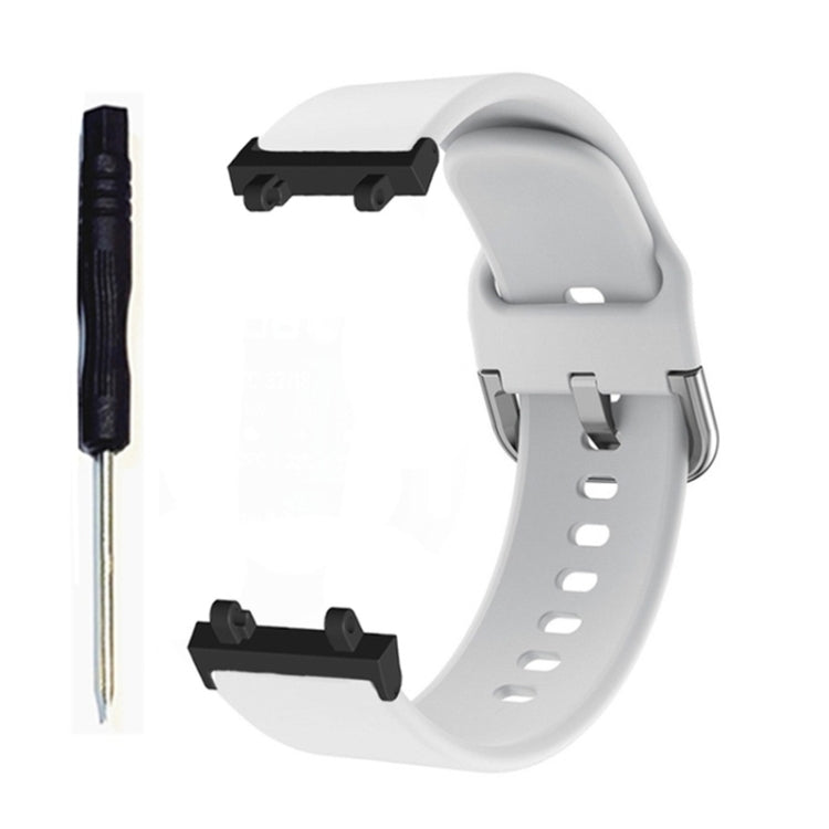 Silicone watch band with reverse buckle, white, includes pin removal tool.