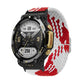 Red and white braided nylon watch band with adjustable buckle and woven strap