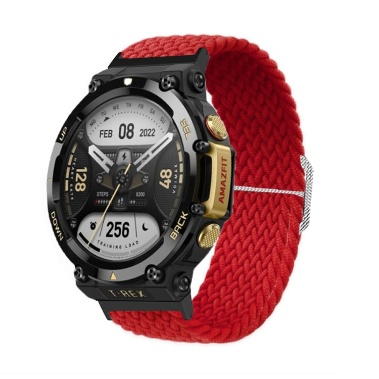 Red braided nylon watch band with adjustable buckle and loop strap, on a black watch case