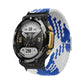 White and blue braided nylon watch band with adjustable buckle and striped knit pattern