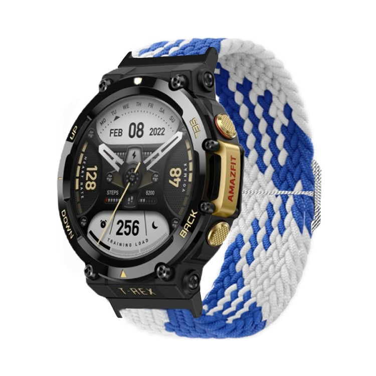 White and blue braided nylon watch band with adjustable buckle and striped knit pattern