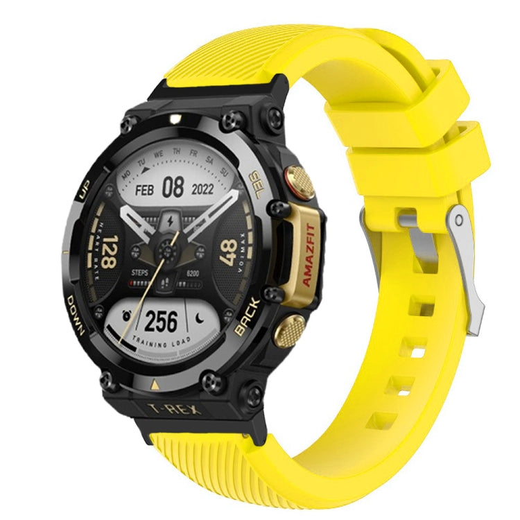 Yellow silicone twill watch band for Amazfit T-Rex 2, textured ridged strap with buckle.