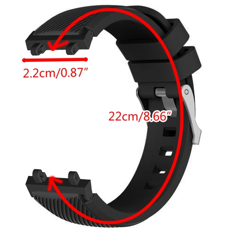 Black silicone watch band with size diagram markings showing length and width
