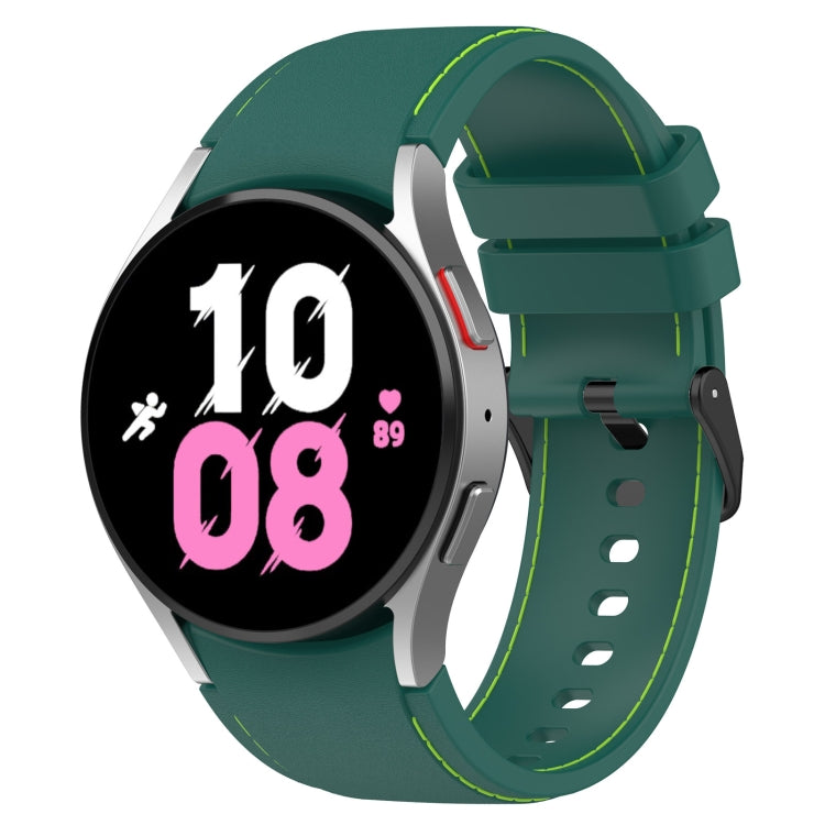 Leather-textured silicone watch band, dark green with lime green edge stitching.