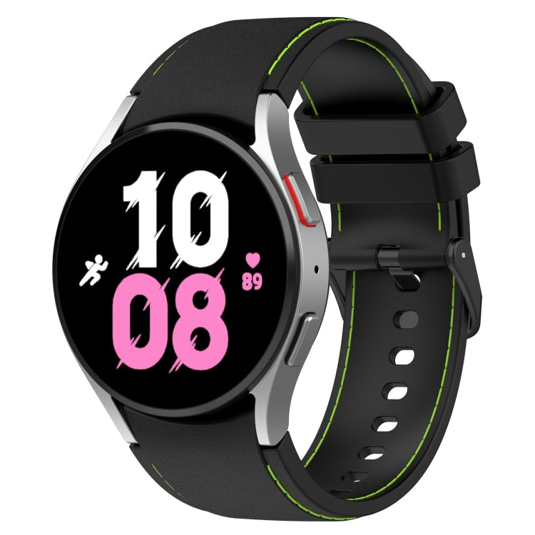 Silicone watch band with leather texture, black with green accents and perforations
