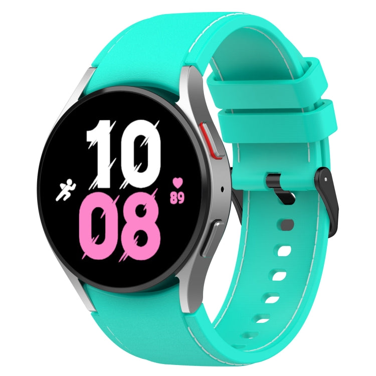 Leather-textured silicone watch band, teal with matching green edge stitching.