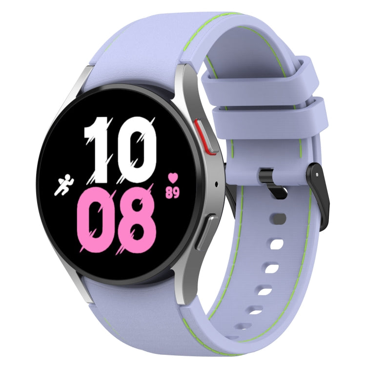 Leather-textured silicone watch band, light purple with green edge stitching.